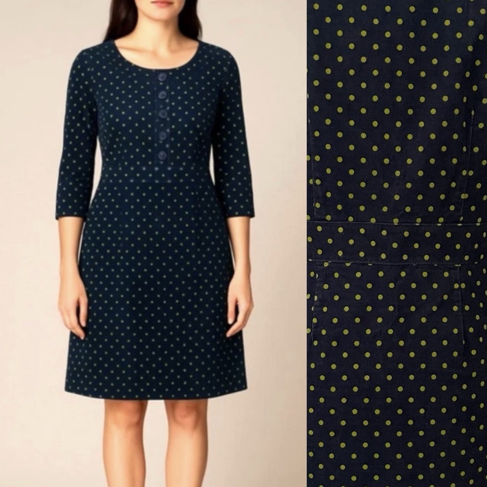 Boden Blue Polka Dot Corduroy 1/4 Button Up Shift Dress Academia Preppy Mod 8
